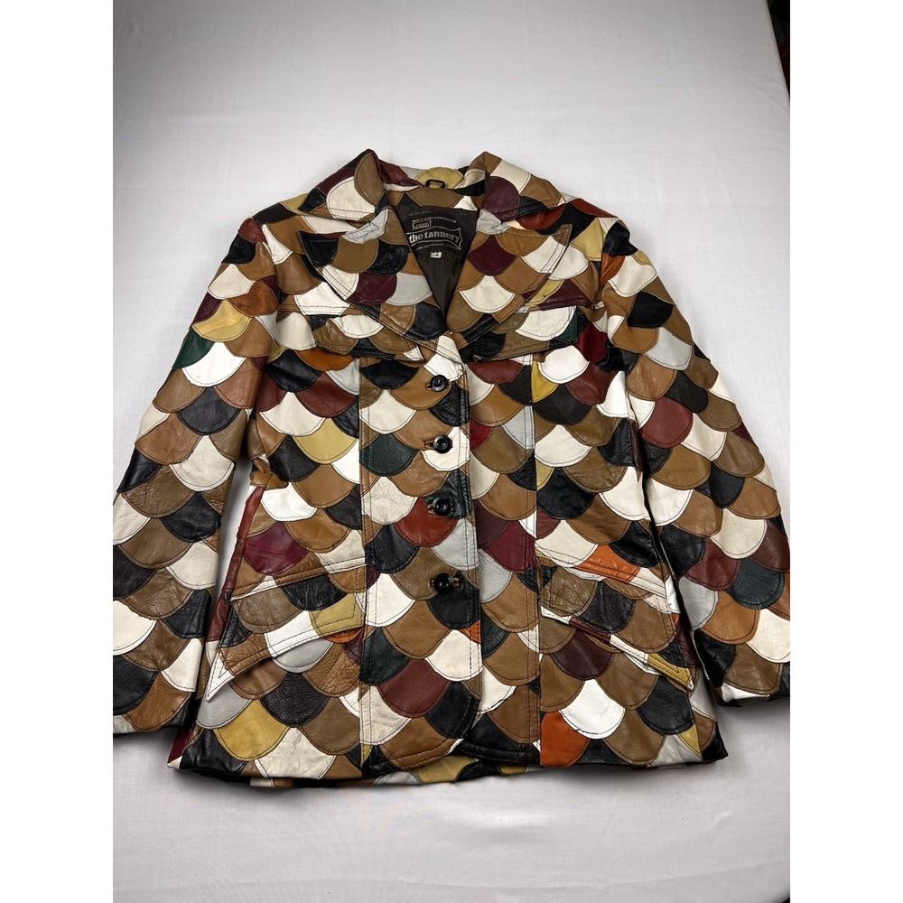 VTG 70s Montgomery Ward Fishscale Jacket Tannery Autumn Color Leather Hippie 14